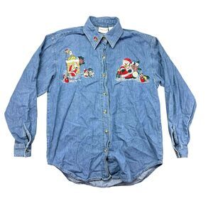 Bobbie Brooks Shirt Women's Small Vintage Christmas Blue Embroidered Teddy Bears